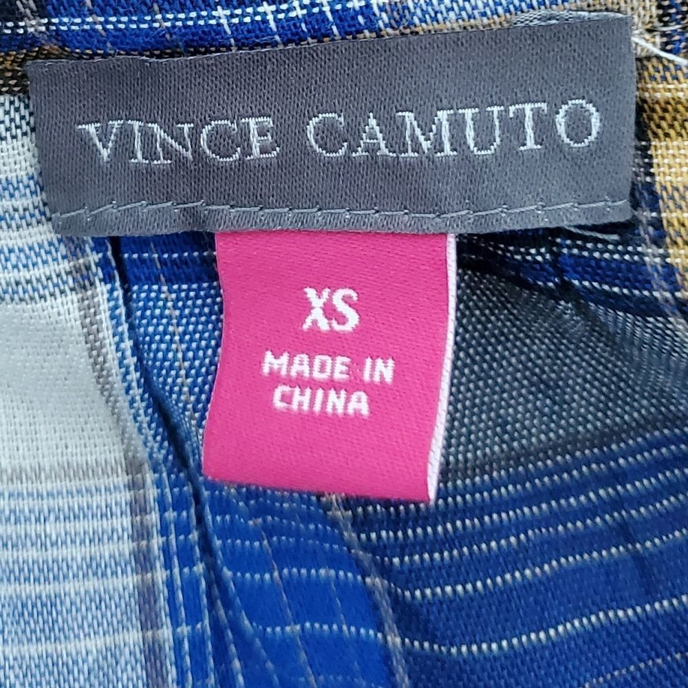 VINCE CAMUTO SUNSET PLAID RUFFLED SQUARE NECK TOP ELECTRIC BLUE SIZE XS - Picture 5 of 6
